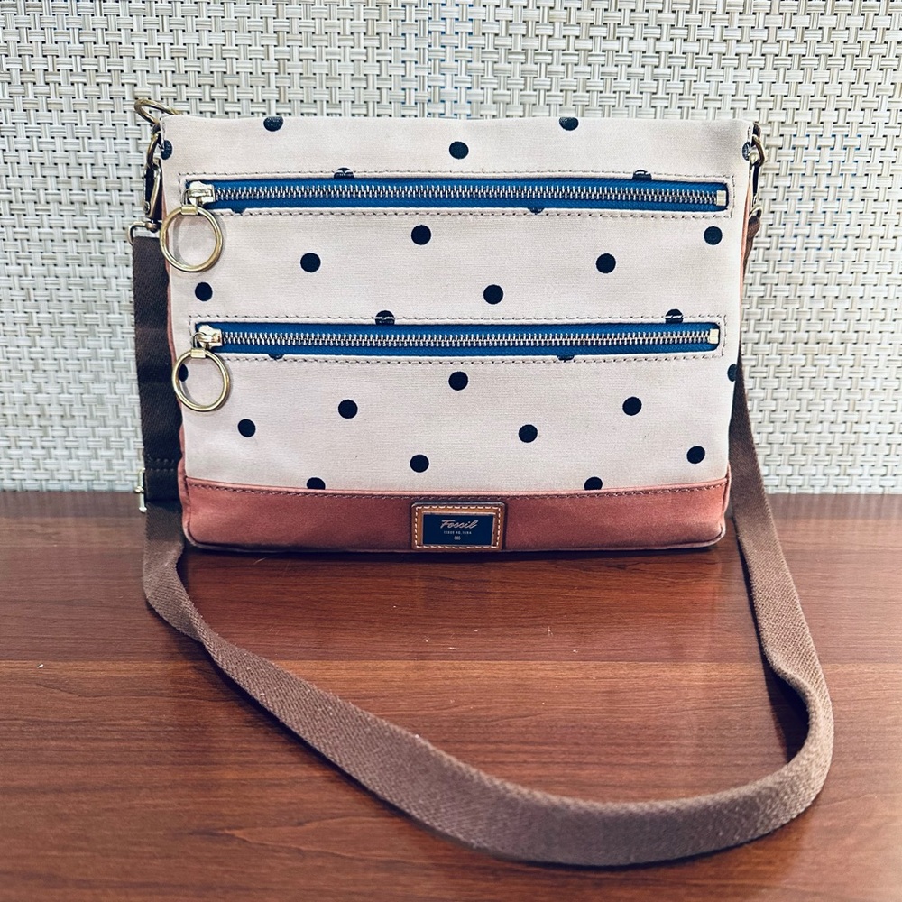 🌟2xHP🌟VTG 1990s Fossil Tan & Navy Passport Style Polka Dot Canvas Crossbody